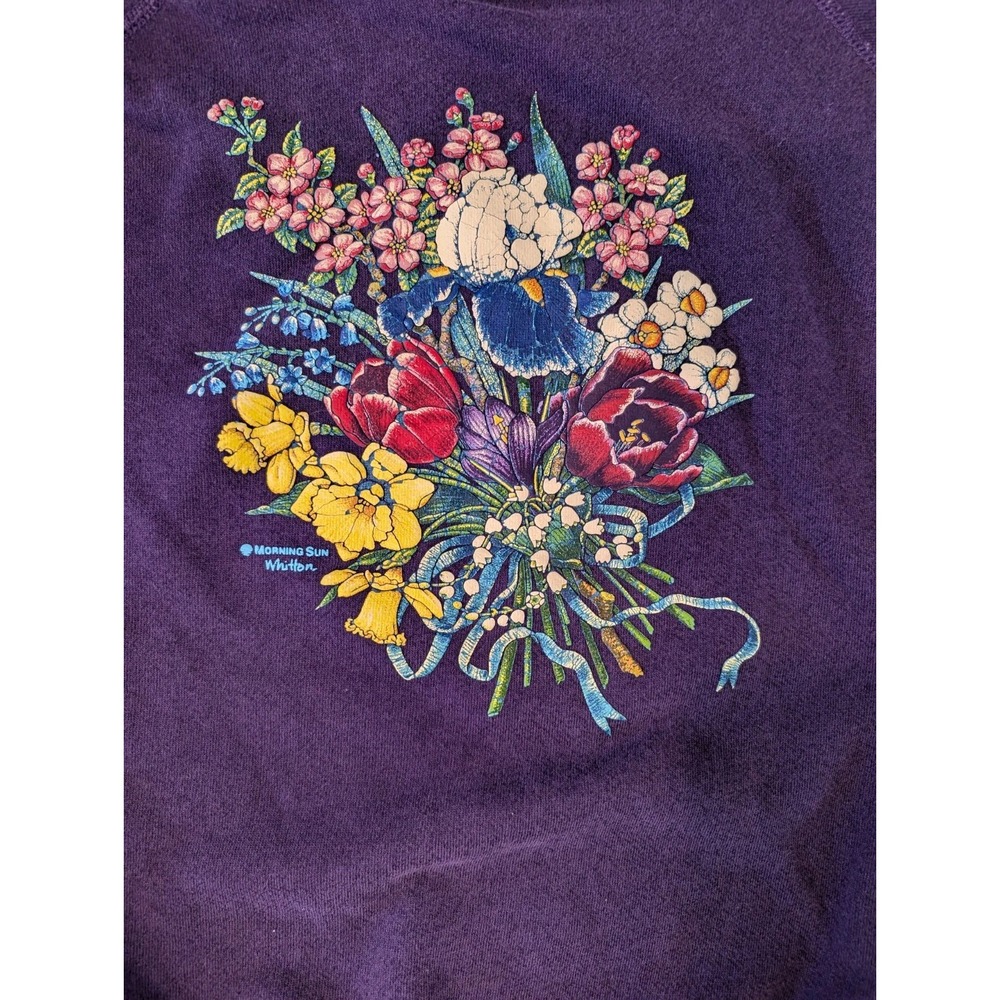 Vtg MORNING SUN 3D Floral Granny Sweatshirt Womens L Purple Pullover Crewneck - Picture 3 of 9